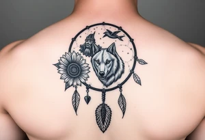 A Cresent moon dream catcher with sunflower, wolf, Harry potter, star wars, unicorn, fire heart all in one tattoo idea