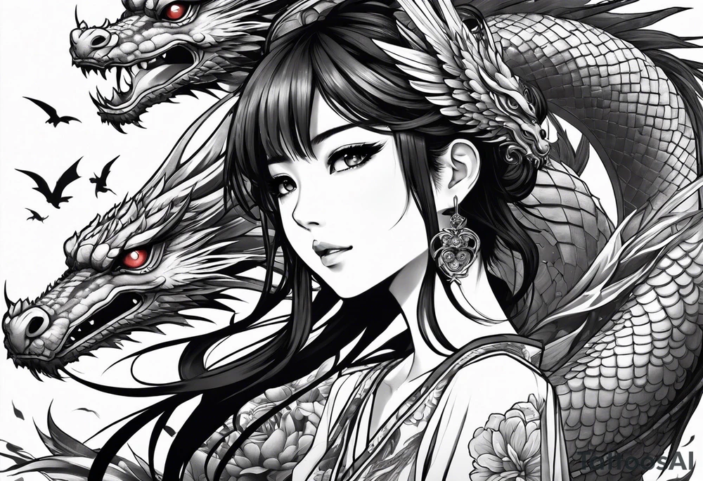 a full shot of an anime girl seen from far, surrounded by asian dragon with wings tattoo idea