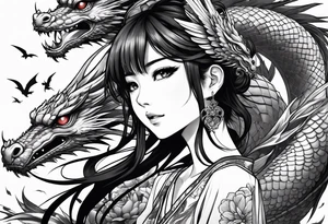 a full shot of an anime girl seen from far, surrounded by asian dragon with wings tattoo idea