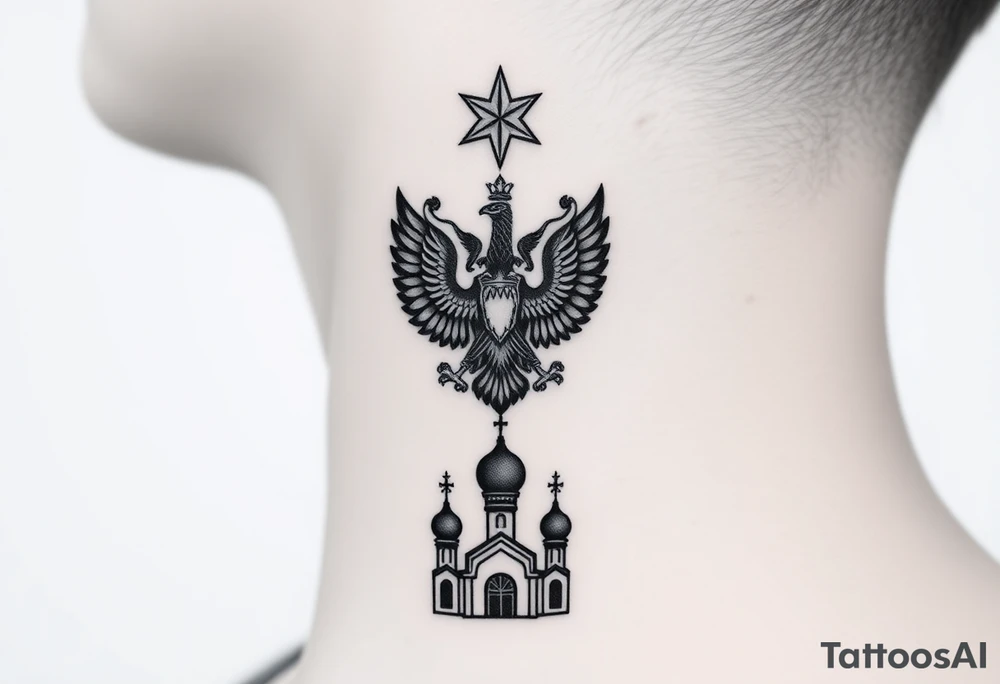 Stacked Vertical Column 

Russian star — bold
Middle: double-headed eagle — simplified, cleaner lines to suit the smaller space
Bottom: Orthodox church dome(s) & a Virgin Mary silhouette beneath tattoo idea