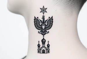 Stacked Vertical Column 

Russian star — bold
Middle: double-headed eagle — simplified, cleaner lines to suit the smaller space
Bottom: Orthodox church dome(s) & a Virgin Mary silhouette beneath tattoo idea