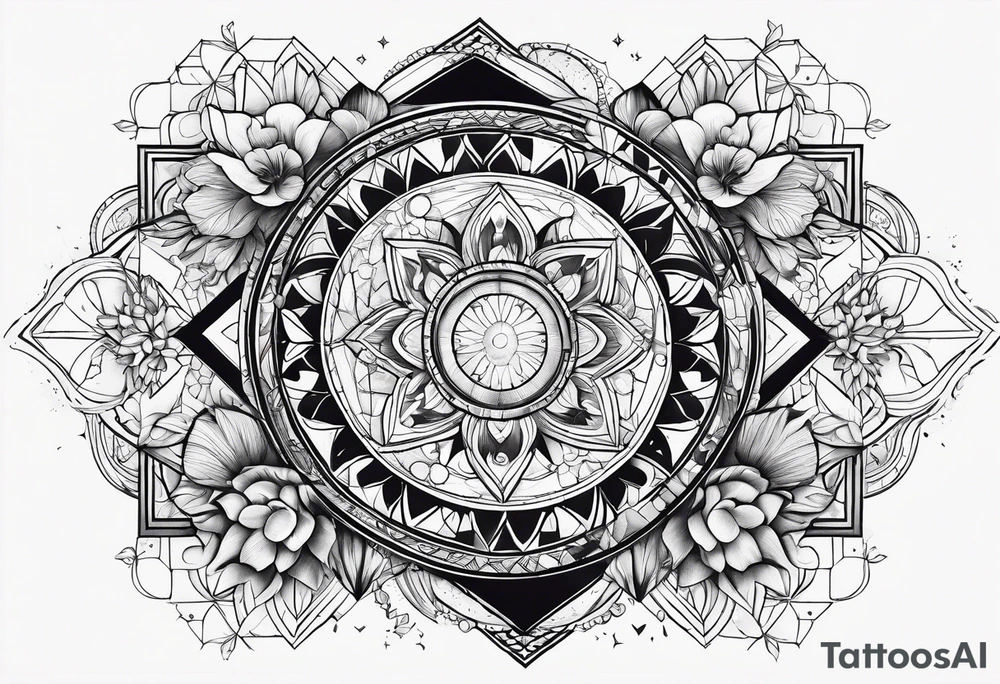 Solar system with geometric shapes and flowers tattoo idea