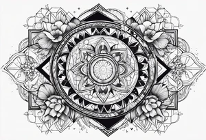 Solar system with geometric shapes and flowers tattoo idea
