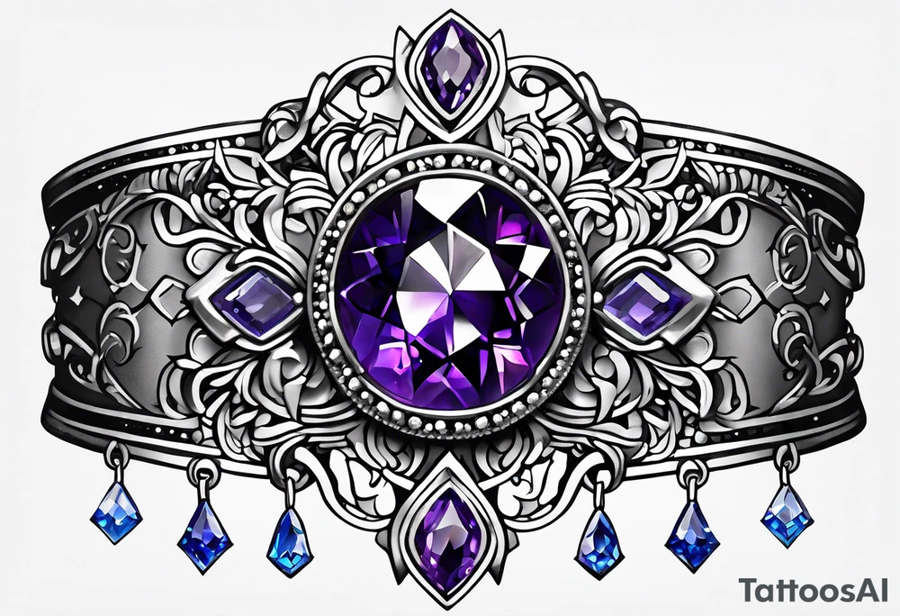 Delicate but strong garter tattoo band with sprinkles of stars and a amethyst, blue sapphire and peridot birthstone tattoo idea