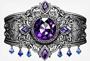 Delicate but strong garter tattoo band with sprinkles of stars and a amethyst, blue sapphire and peridot birthstone tattoo idea