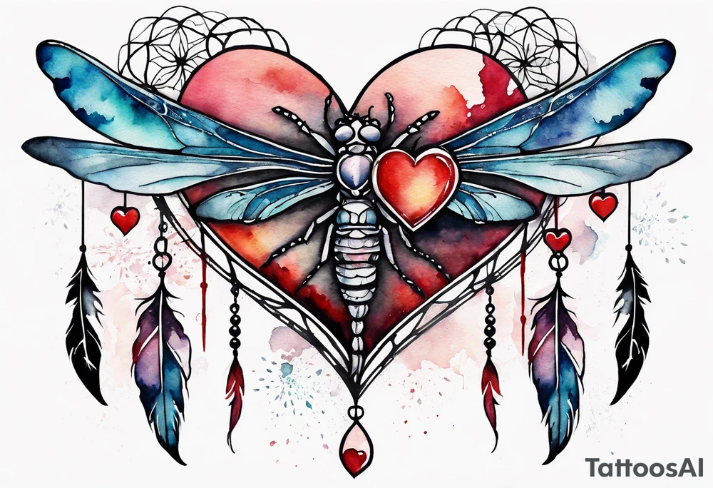 Watercolor tattoo of heart with big cross going through the heart. Small Dragonfly flying on side with dreamcatcher tattoo idea