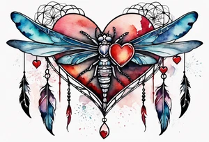 Watercolor tattoo of heart with big cross going through the heart. Small Dragonfly flying on side with dreamcatcher tattoo idea