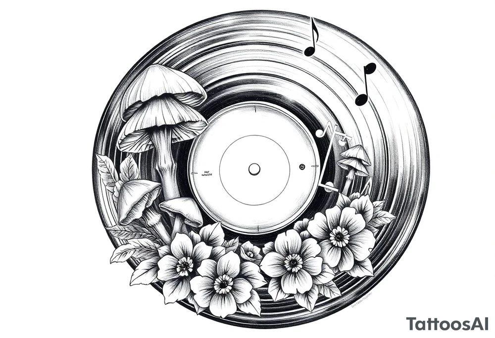 vinyl record with mushrooms, flowers, and music notes tattoo idea