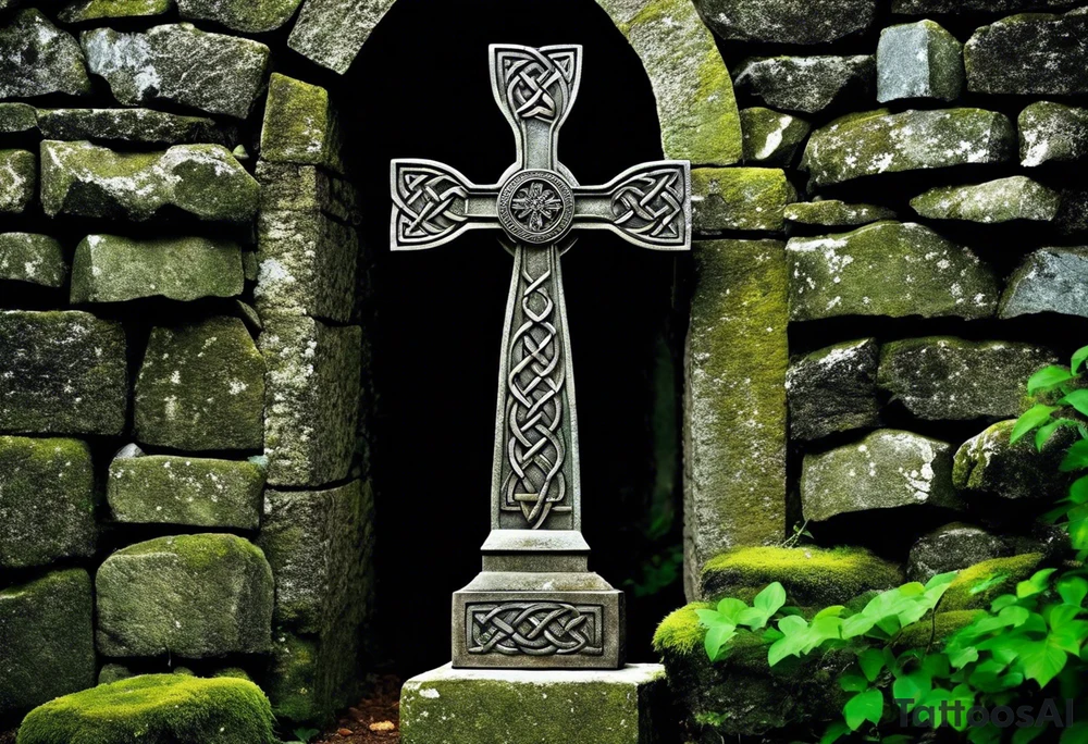 A stone Celtic cross, weathered and worn by the passage of time, standing resolutely at the base of a ruined stone wall. The cross is adorned with intricate Celtic knotwork, bearing witness to the craftsmanship of long-lost artisans. A raven, its ebony feathers shining in the dim light, perches on the arms of the cross, its head cocked to the side as it regards the desolate scene before it. The wall, once towering and majestic, now lies in ruin, its stones scattered haphazardly across the overgrown earth. Vines and creepers have woven themselves through the cracks and crevices, adding a touch of eerie greenery to the otherwise melancholic atmosphere. A gentle breeze rustles through the leaves, causing the raven to shift uneasily on its perch, as if it were the wind's way of whispering secrets long forgotten. The sky above is a somber shade of gray, heavy with the weight of impending rain, mirroring the solemn mood of the scene. tattoo idea