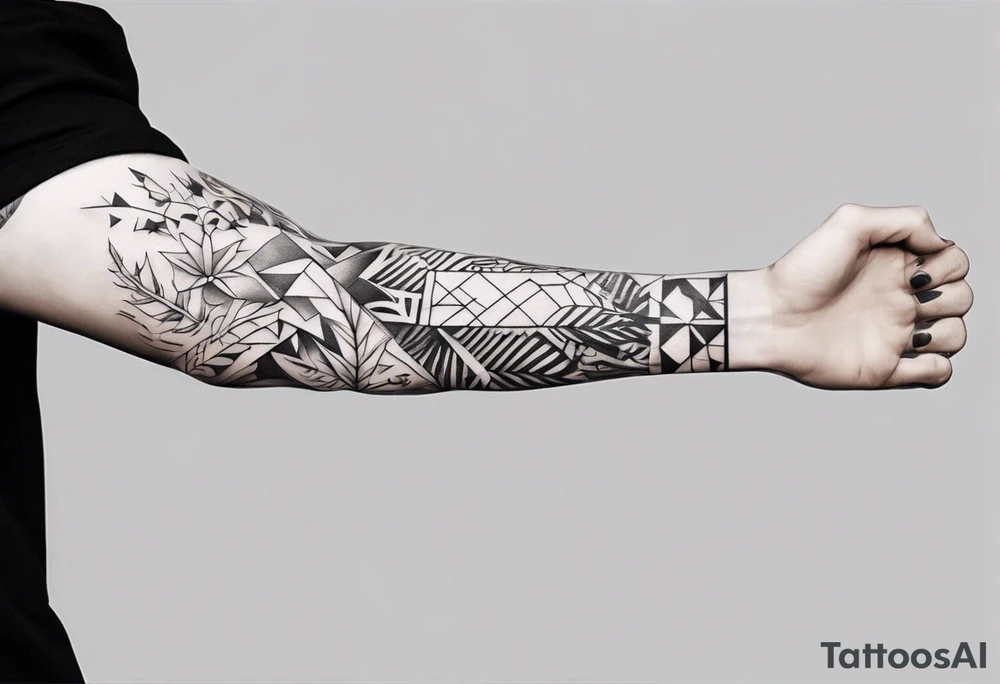 full arm tattoo. pointy leaves combined with geometric shapes. whole arm tattoo idea