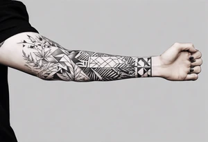 full arm tattoo. pointy leaves combined with geometric shapes. whole arm tattoo idea