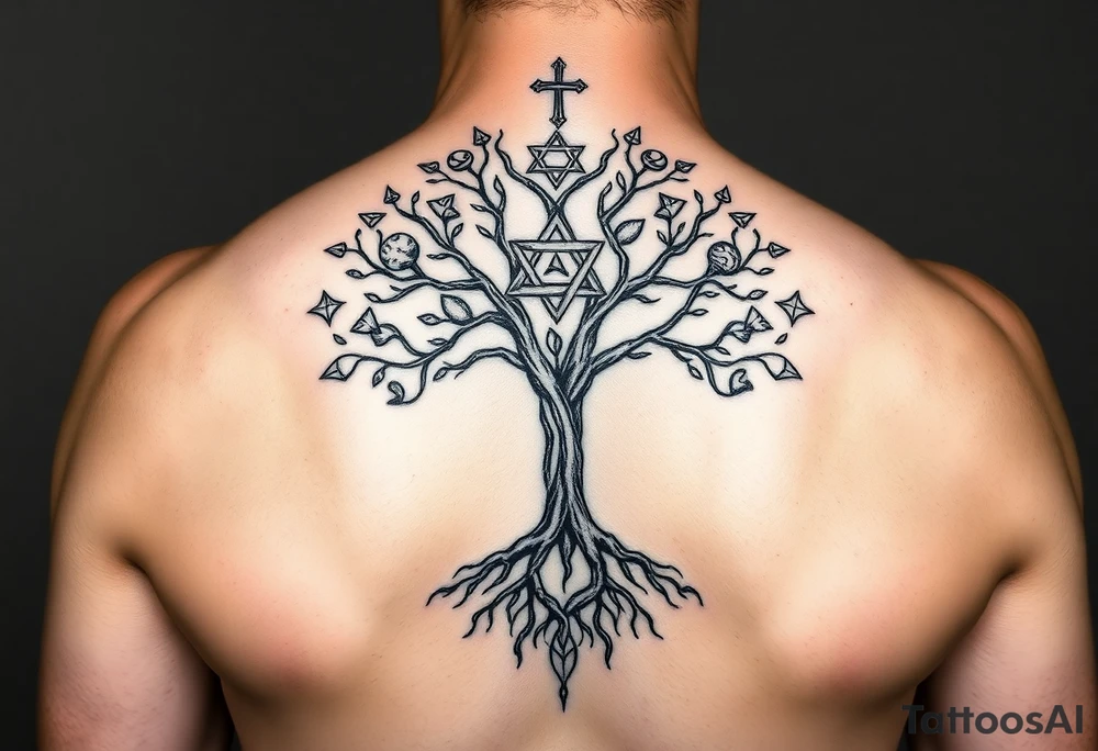 geometrical mystical tree of life with the star of David and cross cosmic roots and celestial symbols branches with HIV-positive symbol tattoo idea