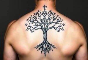 geometrical mystical tree of life with the star of David and cross cosmic roots and celestial symbols branches with HIV-positive symbol tattoo idea