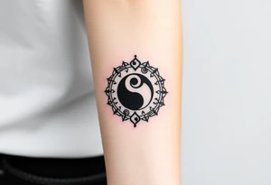 Magestic symbol combining ying yang, Gemini zodiac symbol,  and spiral Paisleys tattoo idea
