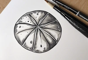 sand dollar 
watercolor
light gray

draw sand around it like it's washed up on the beach.
the tattoo will go on the underside of my wrist. tattoo idea