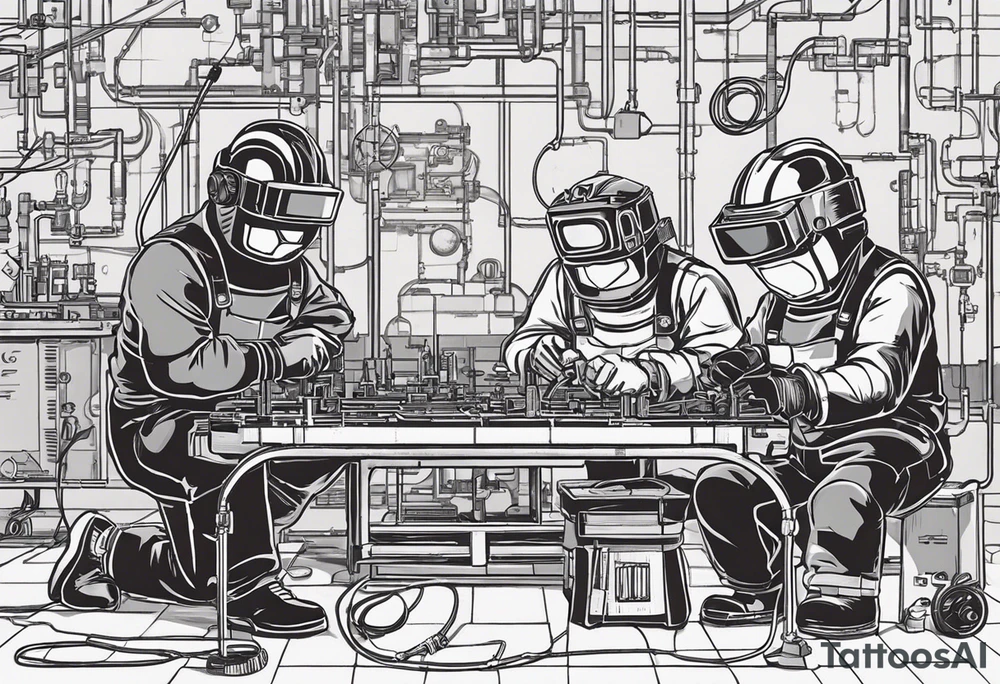 Two 60-year-old characters working together on creating a big mechanism made of iron, gems and electronic circuits. The first character is a welder, dressed in a welding suit and mask. The second character is a fitter, wearing a shirt with sleeves rolled up to the forearms and a tool belt. has no hat. The mechanism they are working on should be in the center of the drawing, should look like a human heart and to be 1\5 of the whole immage.  Characters positioned on either side of the mechanism. tattoo idea