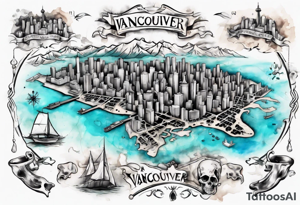 A overview old school map of vancouver B.C with water drop staining and a skull tattoo idea