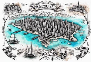 A overview old school map of vancouver B.C with water drop staining and a skull tattoo idea