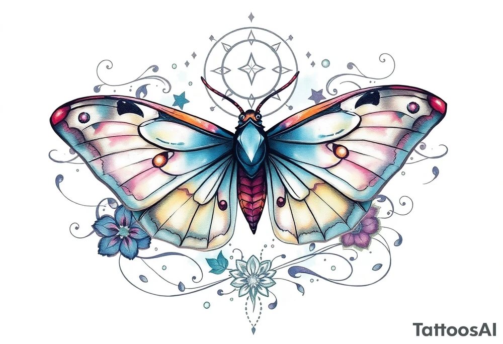 Beautiful Luna moth surrounded by flowing lines and celestial designs tattoo idea