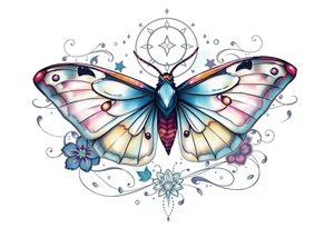 Beautiful Luna moth surrounded by flowing lines and celestial designs tattoo idea