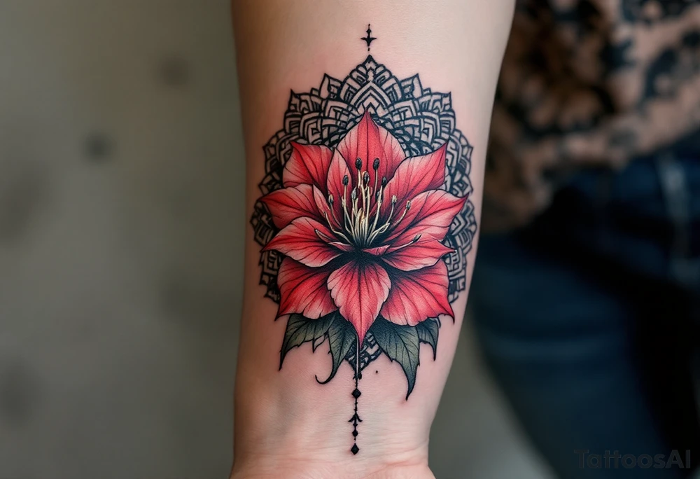 red  and black rhododendron trippy with mandala behind tattoo idea