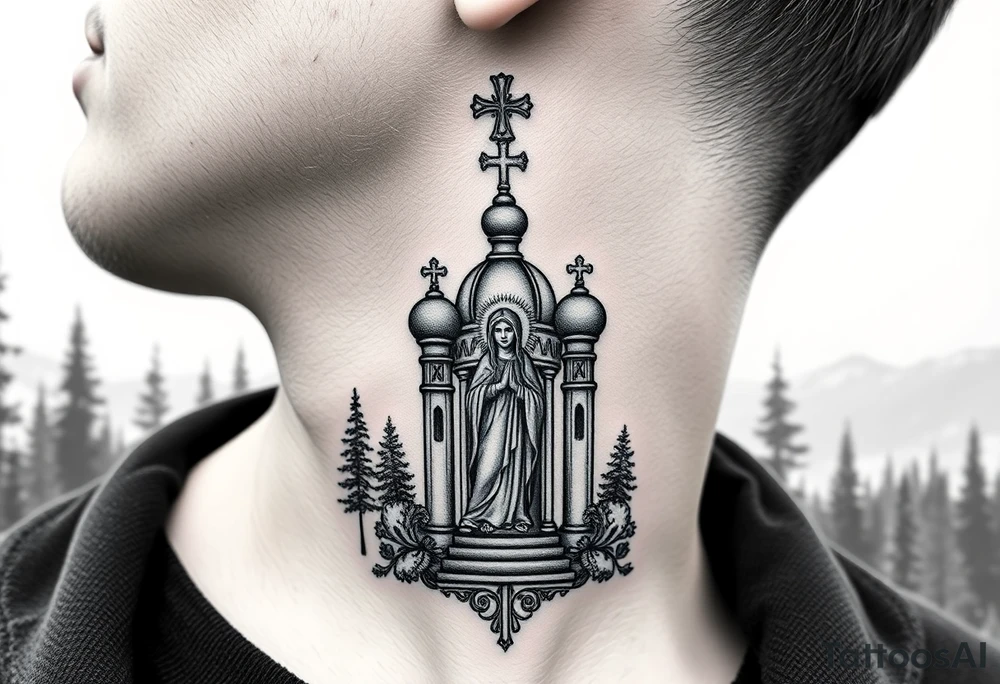 russian coat arms traditional christian orthodox cross with a virgin mary stood in the entrance of a russian orthodox dome church on the side of the neck in a wilderness setting tattoo idea