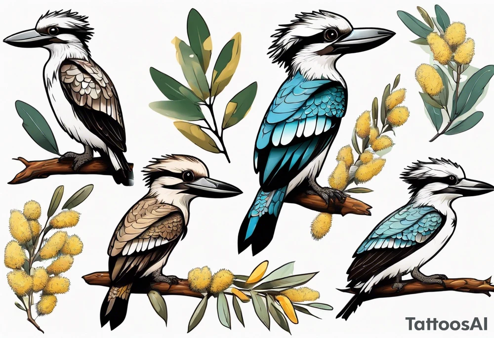 Cartoon kookaburra sitting on wattle and eucalyptus leaves tattoo idea