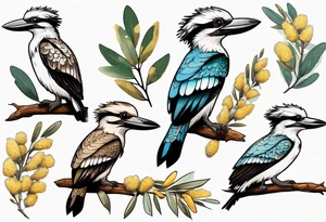Cartoon kookaburra sitting on wattle and eucalyptus leaves tattoo idea