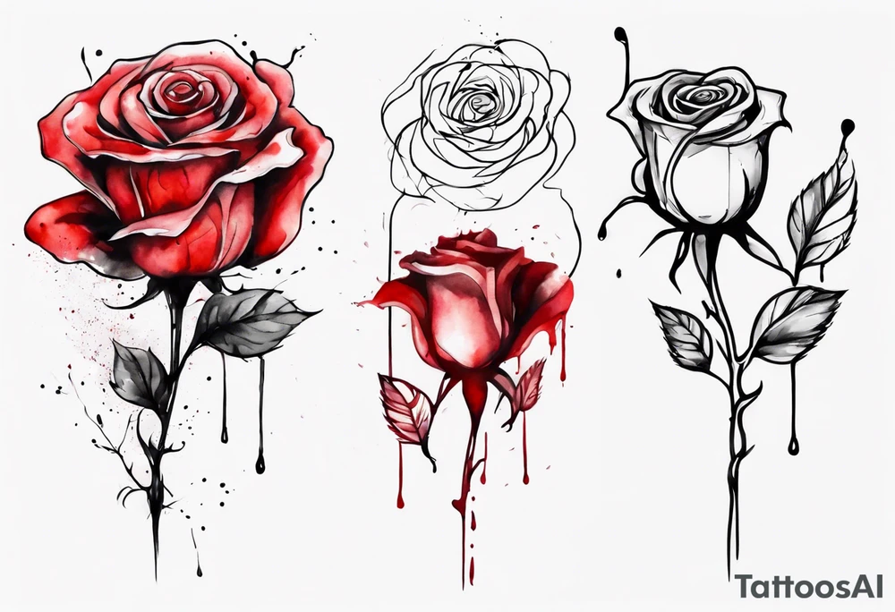rose flower, one line, red blood dripping from the flower, tall, watercolor tattoo idea