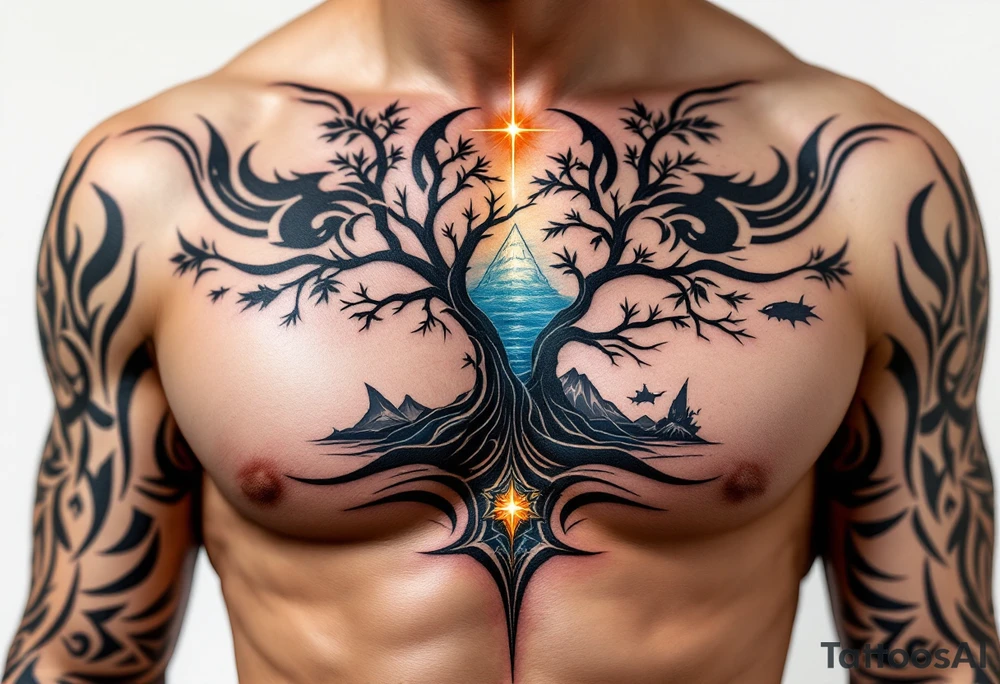 tattoo that has an acacia tree with mountains, ocean with a ship wreck with sharks and the bright northern star tattoo idea