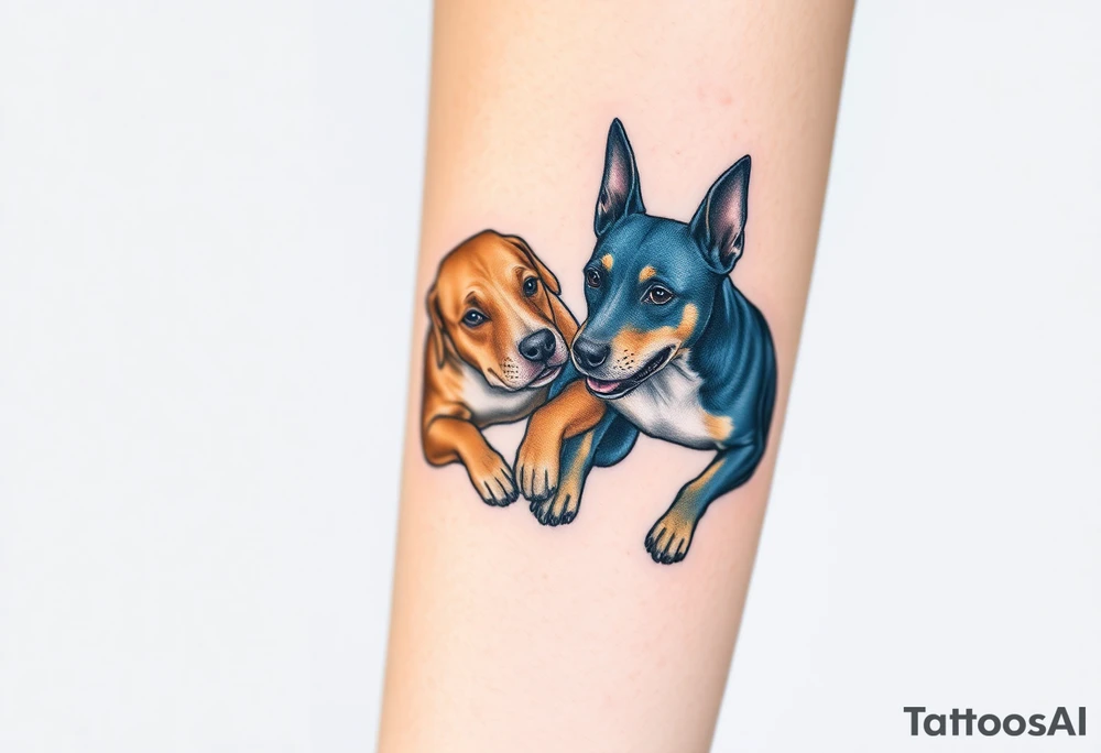 a tan pitbull and a blue heeler dogs playing together tattoo idea