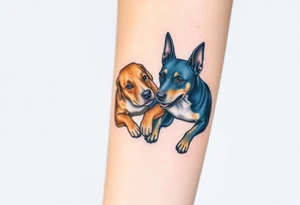a tan pitbull and a blue heeler dogs playing together tattoo idea