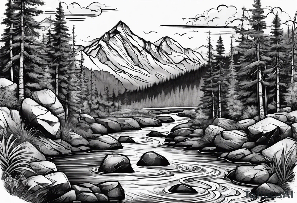 forrest 
river running through rocks and mountains 
open
compass tattoo idea