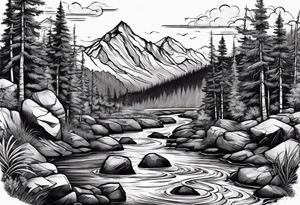 forrest 
river running through rocks and mountains 
open
compass tattoo idea