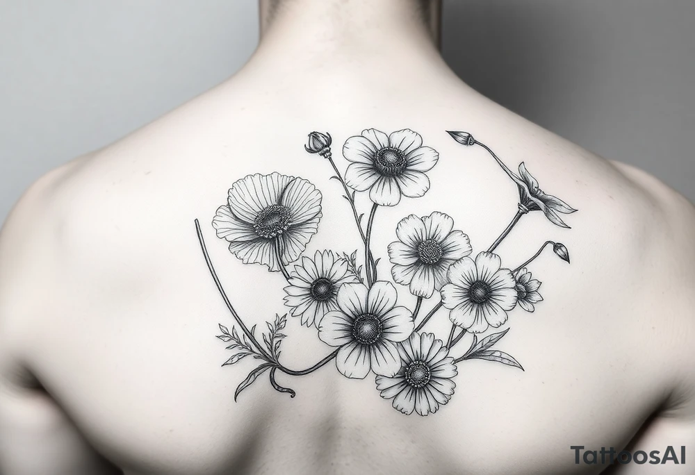 poppy, gladiolus, holly, narcissistic, daisy, and sweet pea arm tattoo tattoo idea