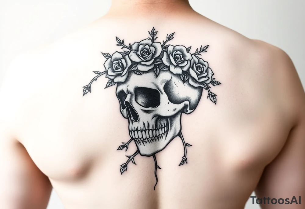 ornate skull adorned with crown of wild roses and thorns tattoo idea