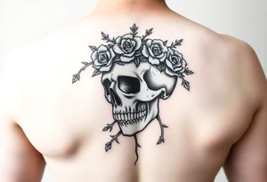 ornate skull adorned with crown of wild roses and thorns tattoo idea