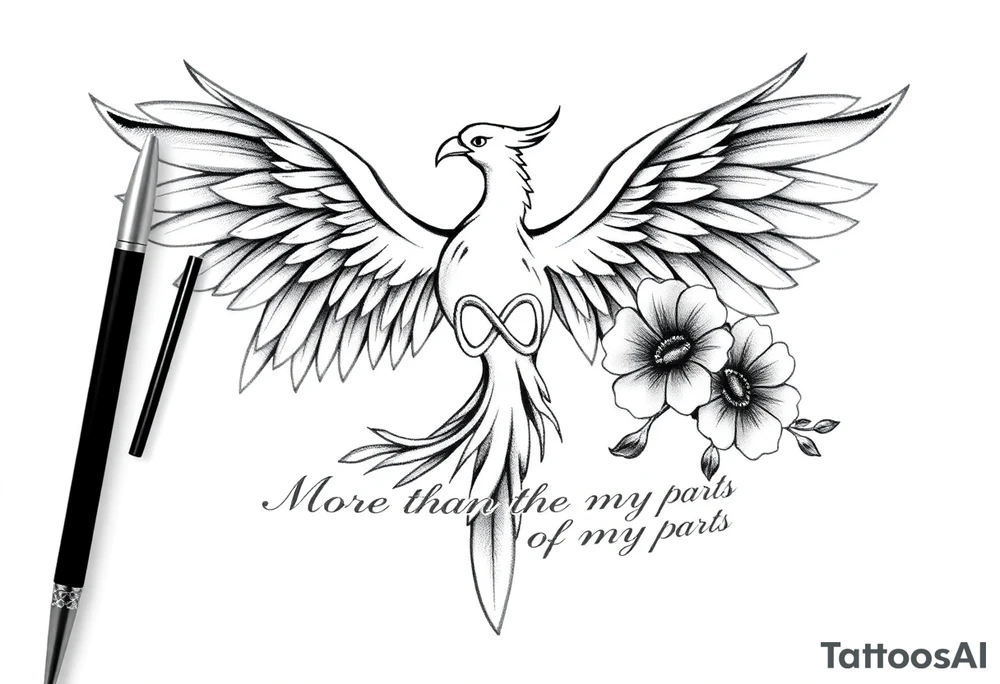 Create an elegant tattoo design featuring a phoenix rising, symbolizing strength and renewal. Integrate an infinity symbol within the phoenix’s form to represent eternal love. Incorporate a quill to signify wisdom, and include Australian native flowers, such as banksias or waratahs, with two buds symbolizing the names Oliver and Archer. Add the phrase ‘More than the sum of my parts’ in delicate script, following the curve of the design tattoo idea