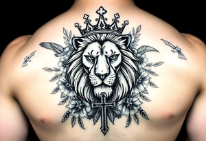 powerful majestic lion with a King crown, surrounded by floral oranaments and birds with a cross brought to backwards to seemingly fit and match tattoo idea