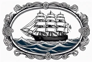 ship in rough seas, front porfile, in oval with rope border, super imposed over crossed cannons, banner at bottom that says US Navy tattoo idea