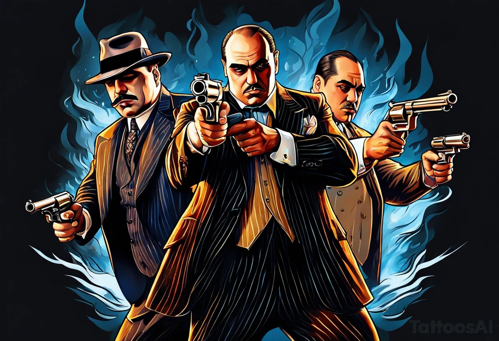 capone style gangsters having a shootout against a dark background scene with flames blues with sexy women tattoo idea