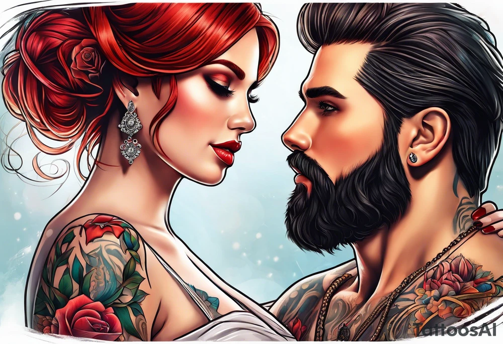 Busty red haired woman and a bearded man with black hair getting married tattoo idea