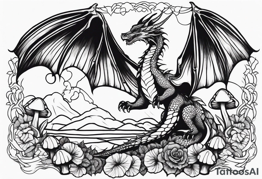 Mother dragon wings spread field of mushrooms tattoo idea