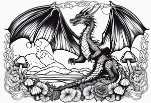 Mother dragon wings spread field of mushrooms tattoo idea