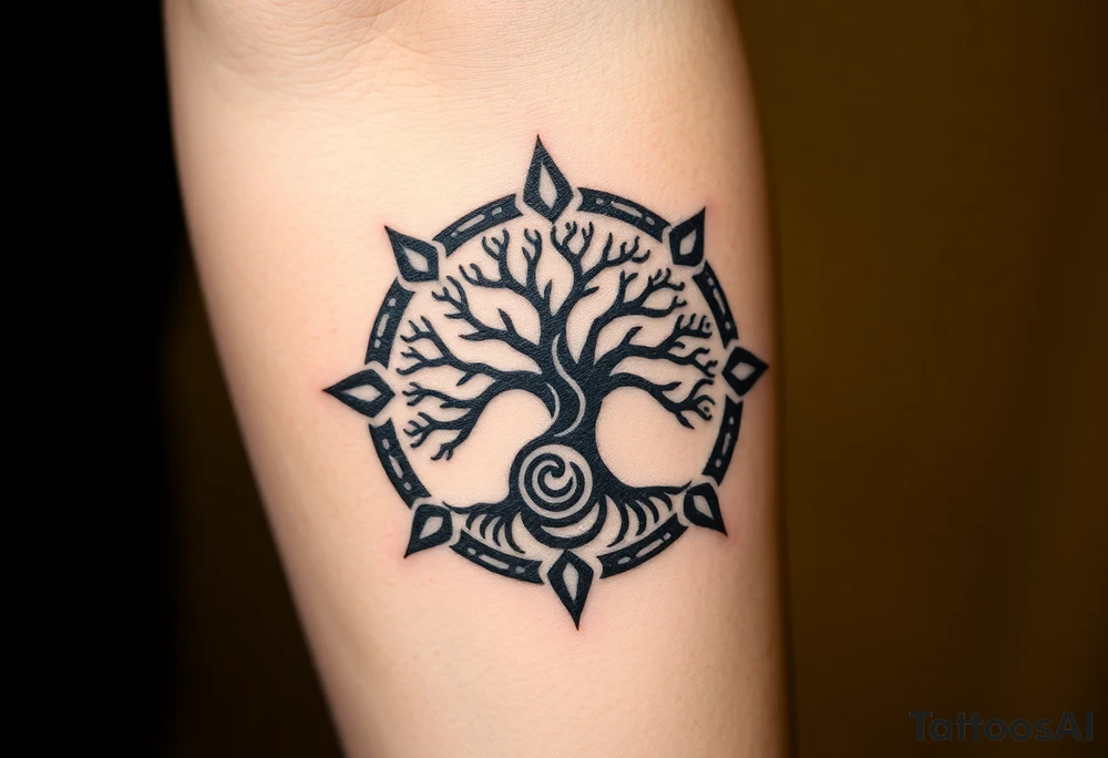 Tree encircled in a spiral circle coming from the center of the tree tattoo idea