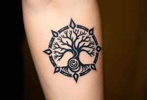 Tree encircled in a spiral circle coming from the center of the tree tattoo idea