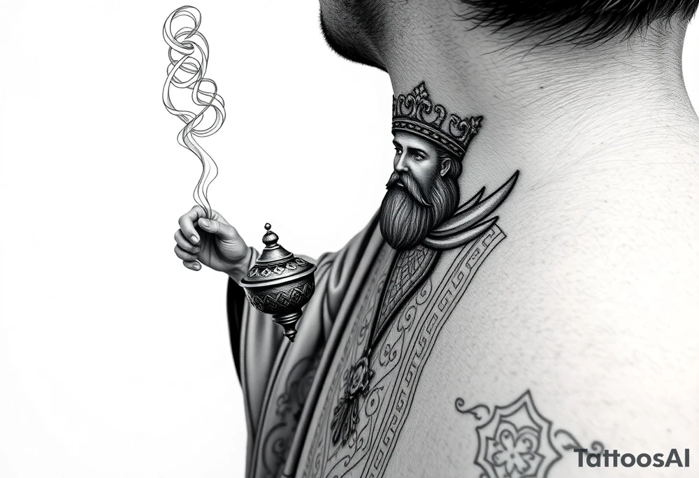 A Russian Orthodox Priest in full gold vestments swinging a censer with smoke curling upward 

The ornate robes give incredible fine line detail
The incense smoke could flow and connect to other elements
It ties directly into the church and Virgin Mary you already have
Very culturally authentic to the overall theme tattoo idea