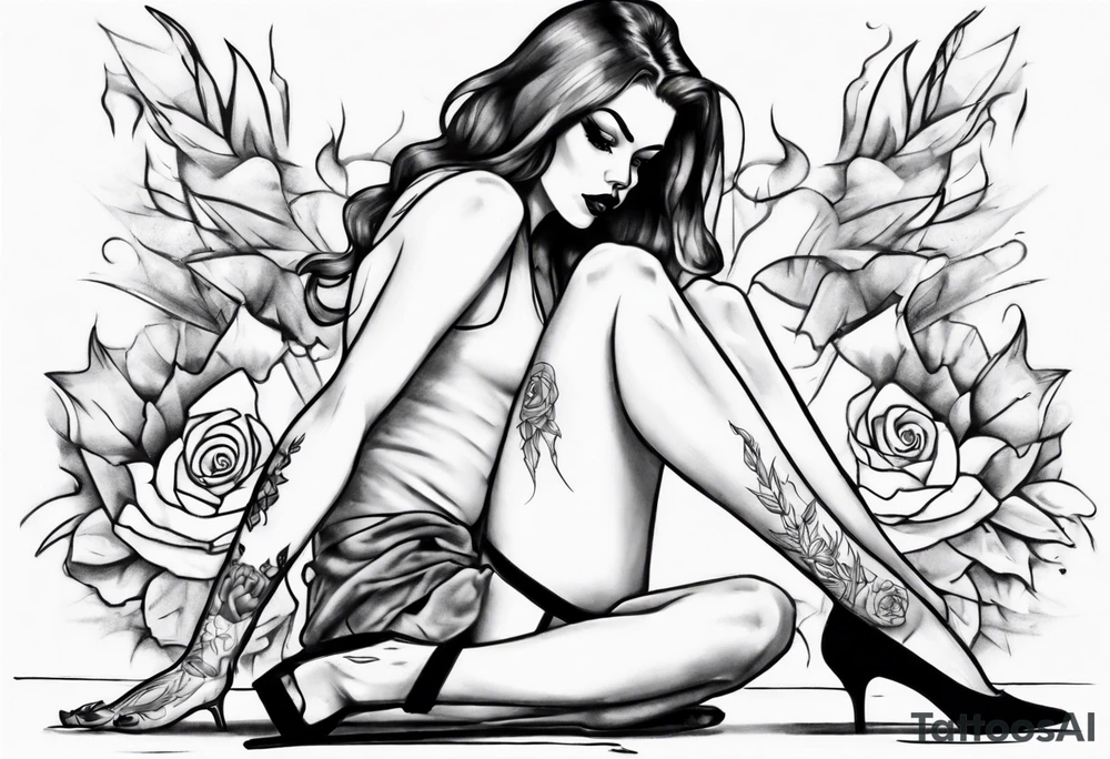 A girl in heels sits on the floor with her legs wide open tattoo idea