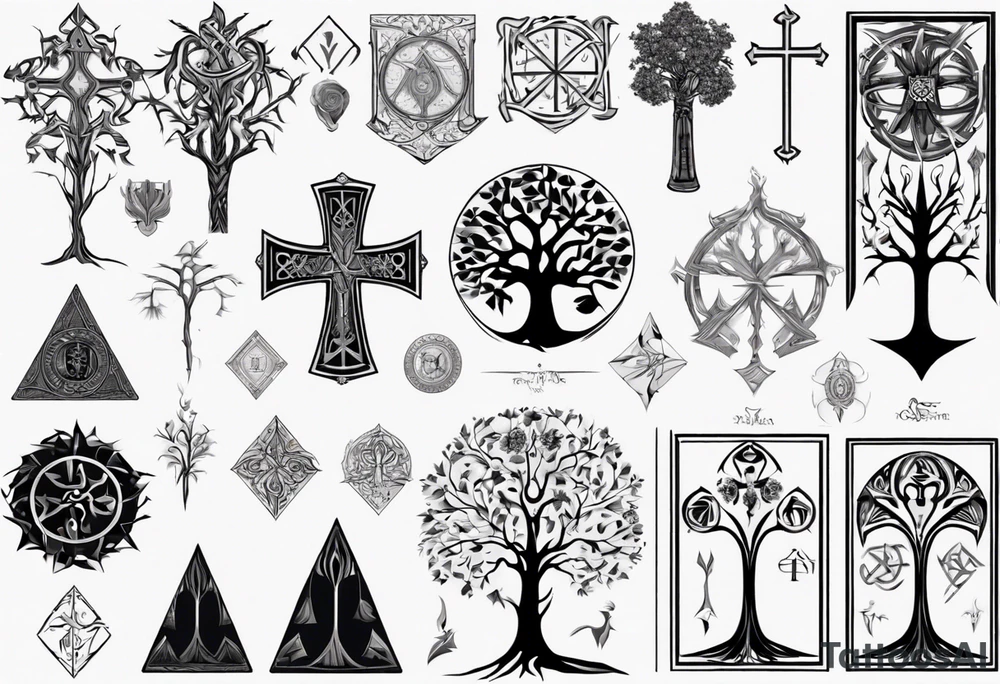 White Tree of Gondor, Geometric symbols, Viking cross, playing cards, flowers tattoo idea