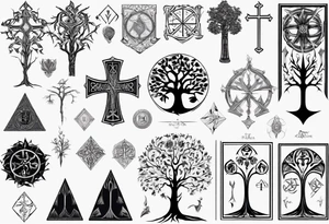 White Tree of Gondor, Geometric symbols, Viking cross, playing cards, flowers tattoo idea
